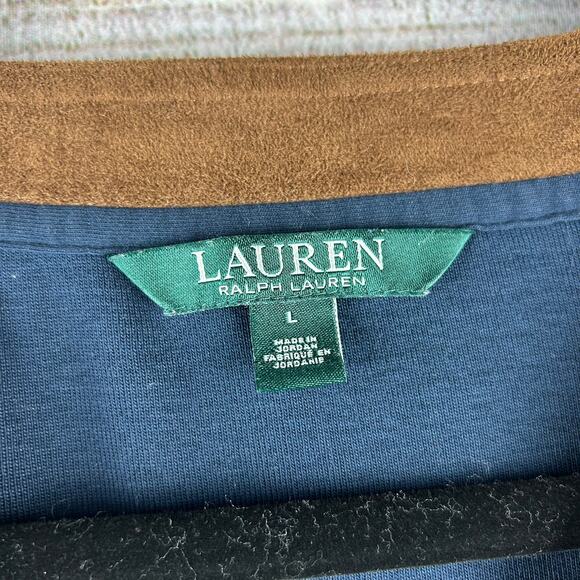 Lauren Ralph Lauren Blue Knit Top โโ Brown Suede Trim, Classic Style, Size Large - Picture 3 of 7